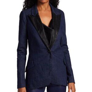 L'AGENCE 'Baldwin' Crystal-Lapel Stretch-Denim Blazer, Dark Wash Blue/Black